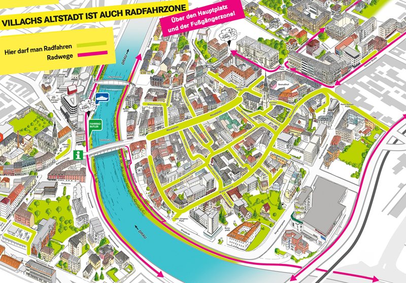Plan mit eingezeichneten Radfahrflächen